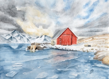 Postcard DIN-A5  watercolor art print Norway Norge Icefjord Fjord Glacier House by the lake